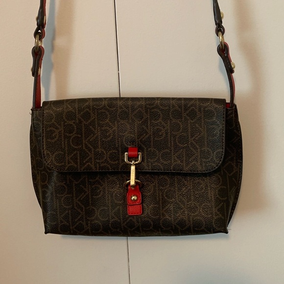 Calvin Klein Brown & Red With Gold Accents Crossbody Bag - Picture 2 of 8